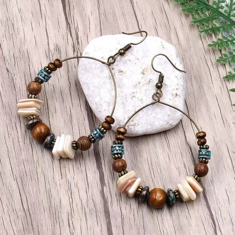 Cross-Border Ethnic Style Retro Irregular Wooden Beads Handmade Beaded Hoop Earrings Holiday Style Earrings with Versatile Temperament