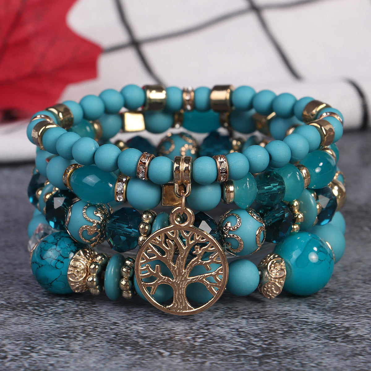 Cross-Border Popular 4-Piece Set of Bohemian Retro Style Multi-Layer Beaded Bracelets with Tree of Life Pendant Wholesale