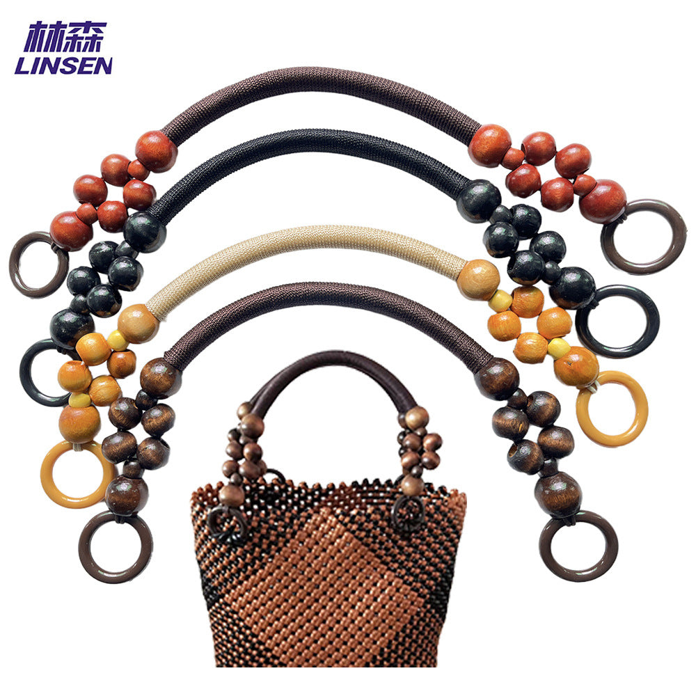 33/37/47 Wooden Bead Handle Rattan Woven Basket Carrying Ring Vintage Beaded Accessories Nylon Rope Handle