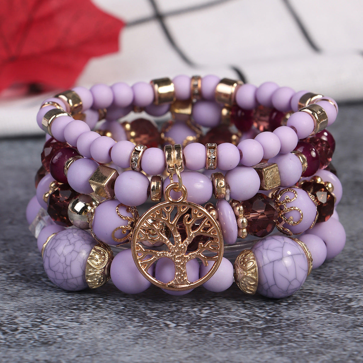 Cross-Border Popular 4-Piece Set of Bohemian Retro Style Multi-Layer Beaded Bracelets with Tree of Life Pendant Wholesale