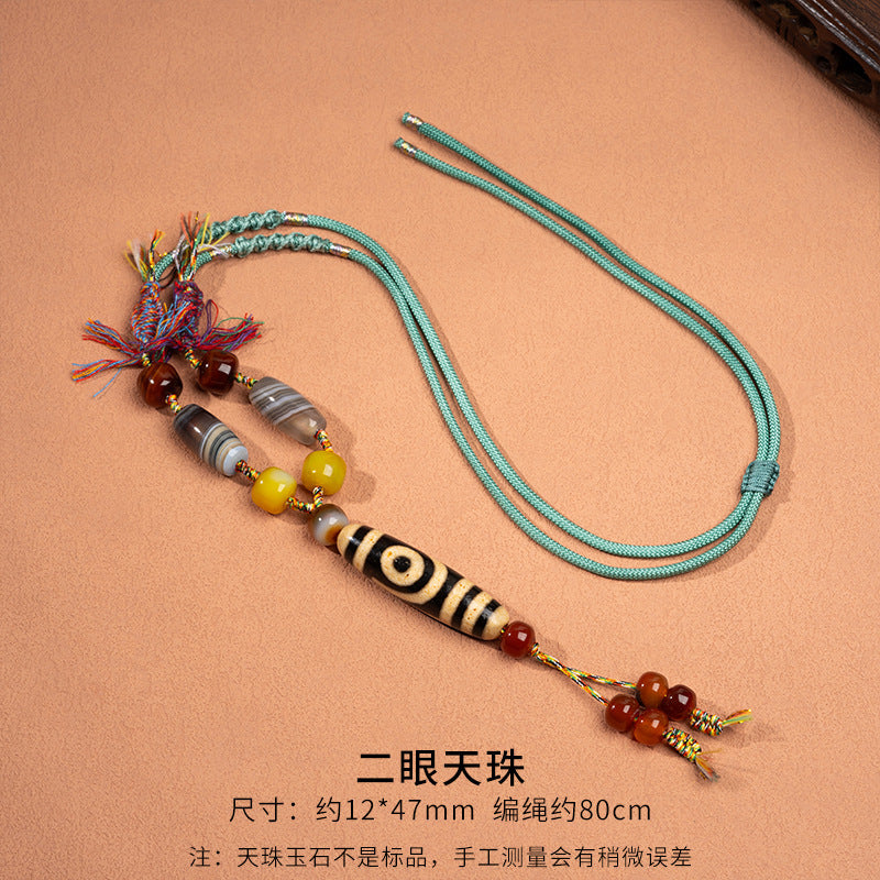 Natural Yellow Nine-Eyed Dzi Bead Necklace, Taiwanese Agate Pendant, Men's and Women's Couple's Braided Necklace, Ready for Sale