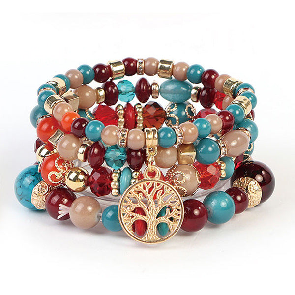 Cross-Border Popular 4-Piece Set of Bohemian Retro Style Multi-Layer Beaded Bracelets with Tree of Life Pendant Wholesale