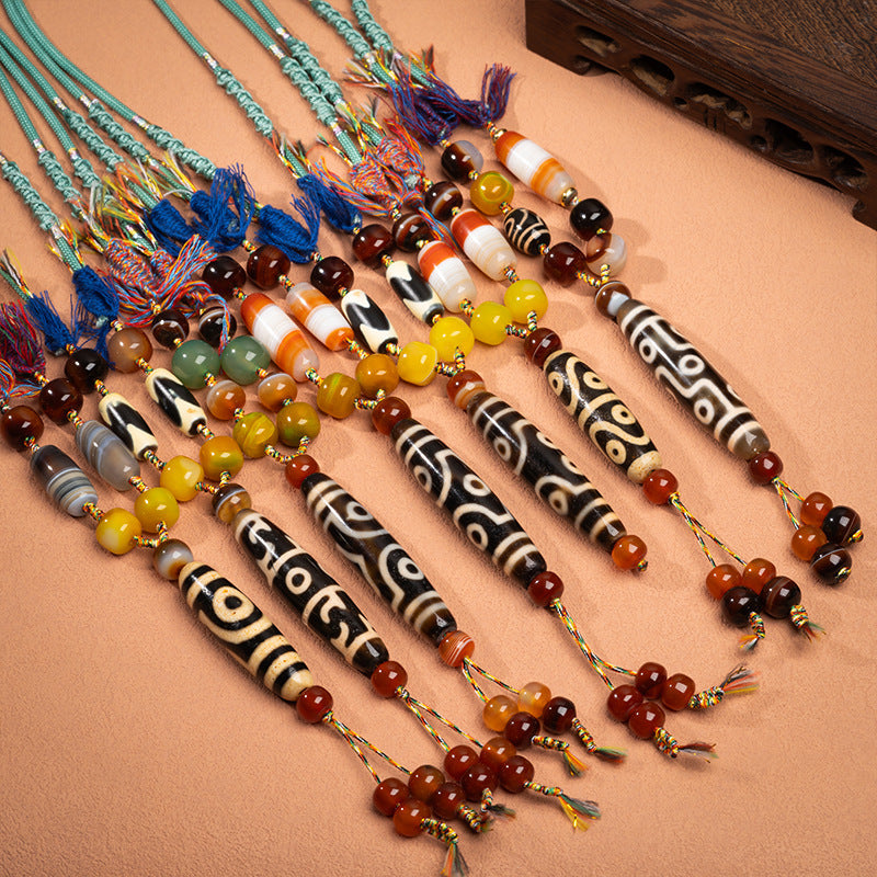 Natural Yellow Nine-Eyed Dzi Bead Necklace, Taiwanese Agate Pendant, Men's and Women's Couple's Braided Necklace, Ready for Sale