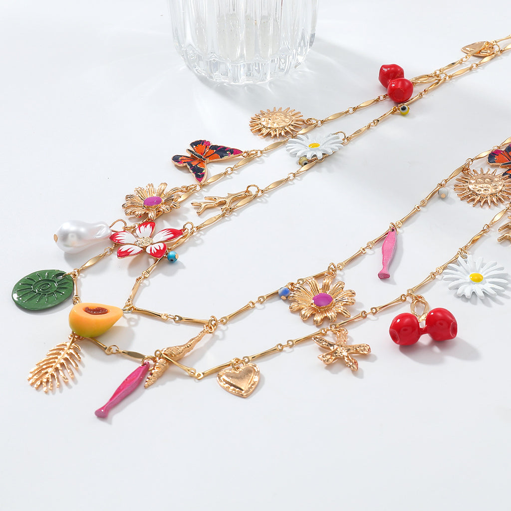 Za European and American Exaggerated Fish Leaf Heart Flower Butterfly Cherry Pendant Necklace Autumn Sweater Chain Women's Cross-Border Supply