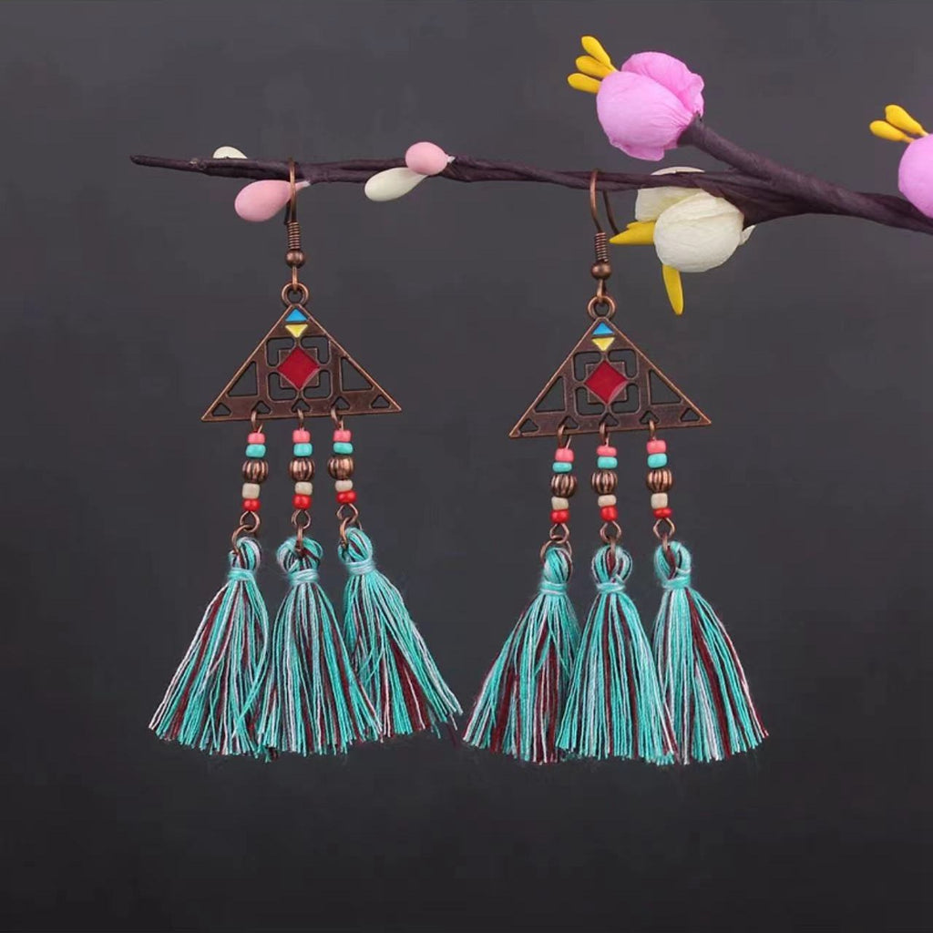 Bohemian Turquoise Earrings European and American Retro Owl Geometric Dreamcatcher Feather Tassel Earrings Women