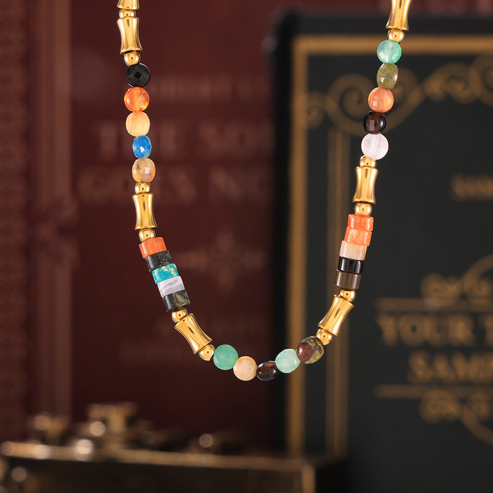 Bohemian Dopamine Color Natural Stone Beaded Necklace Cross-border Simple All-match Stainless Steel Collarbone Necklace