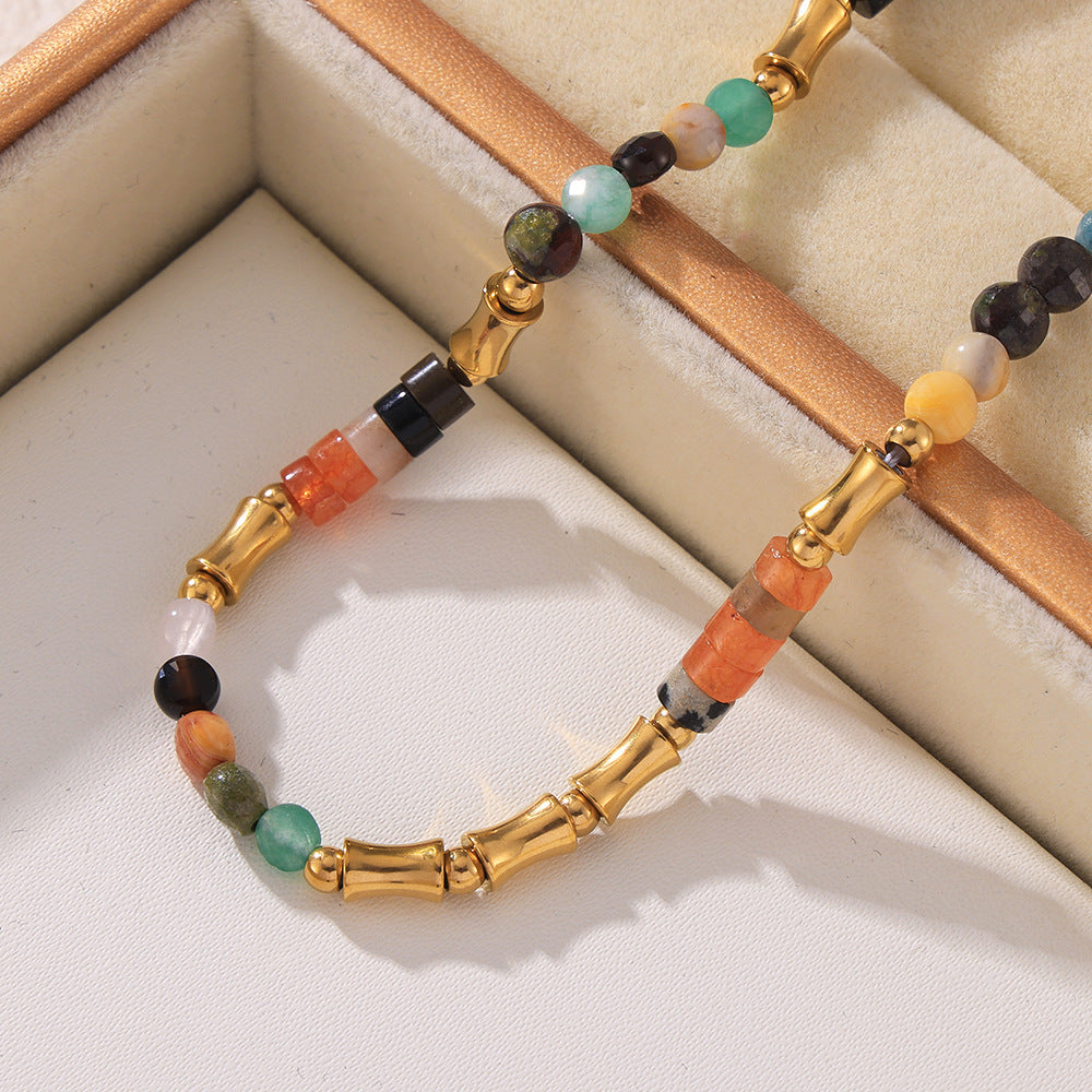 Bohemian Dopamine Color Natural Stone Beaded Necklace Cross-border Simple All-match Stainless Steel Collarbone Necklace