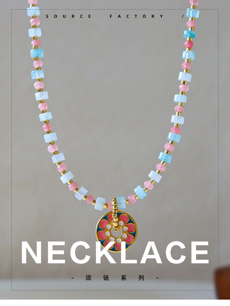 New Chinese Color Oil Dropping Enamel Natural Stone Beaded Necklace Entry Luxury High Fashion Exquisite All-match Clavicle Chain for Women