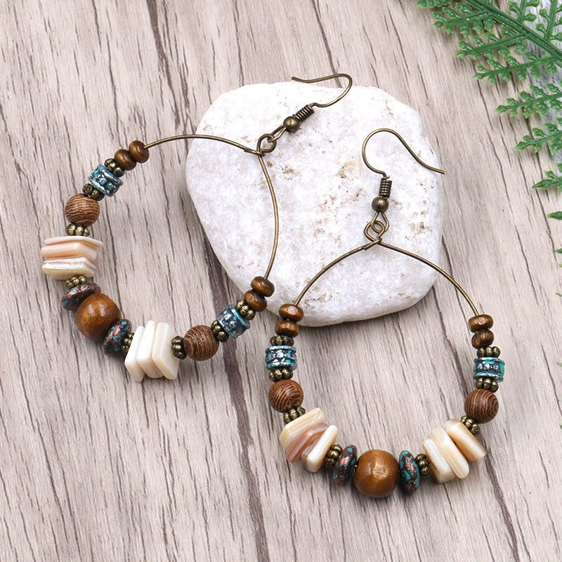 Cross-border Accessories European and American Fashion Bohemian Handmade Beaded Earrings Shell Wooden Beads Big Ear Ring Earrings