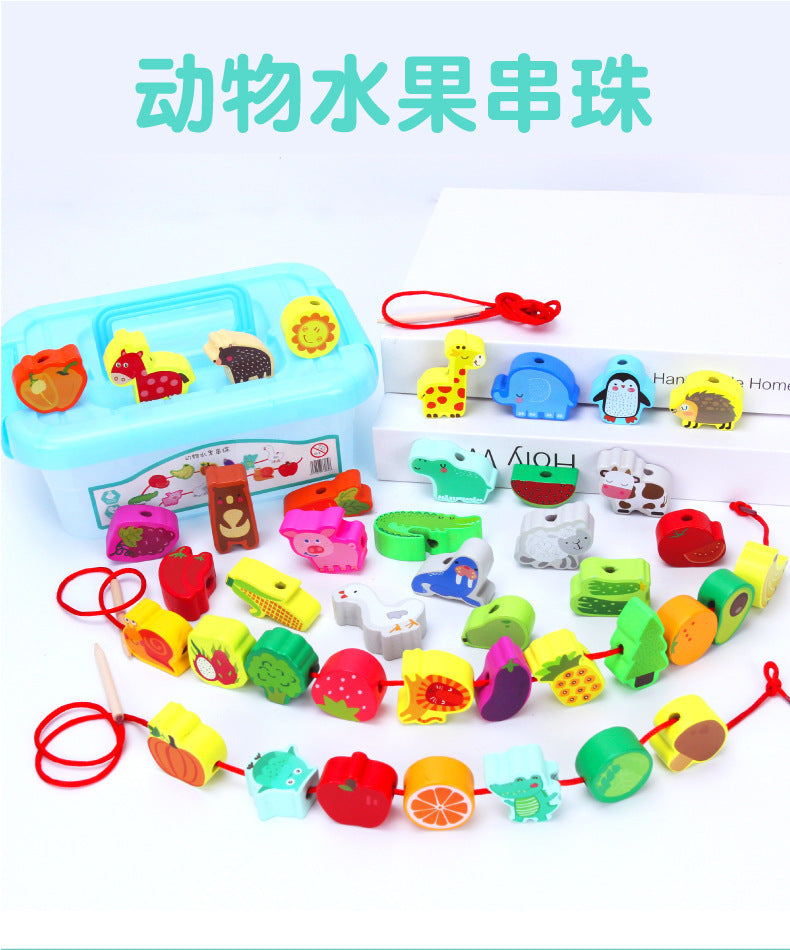 Children's wooden puzzle beaded large particle building block toy animal fruit string beaded puzzle toy 0-3