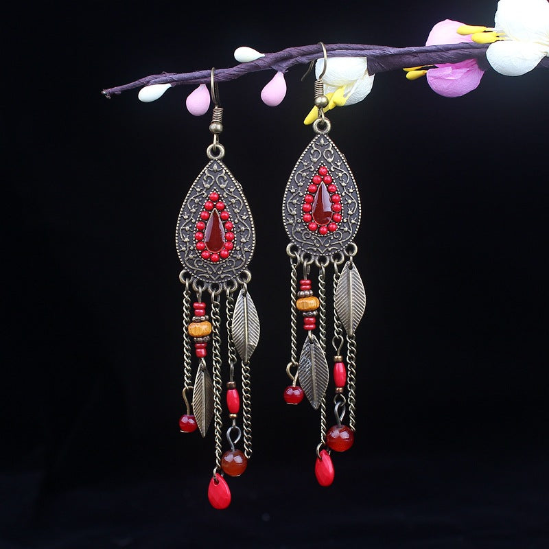 Bohemian Turquoise Earrings European and American Retro Owl Geometric Dreamcatcher Feather Tassel Earrings Women