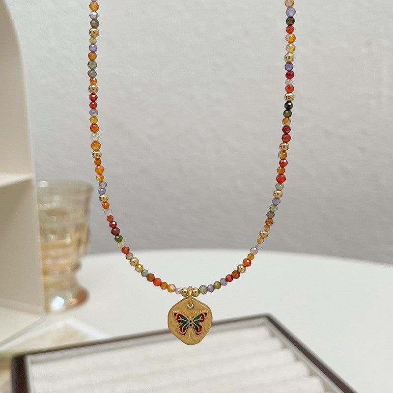 Fashionable and Simple Colorful Dopamine Oil Drop Butterfly Zircon Beaded Necklace Light Luxury High-End Summer Clavicle Chain for Women