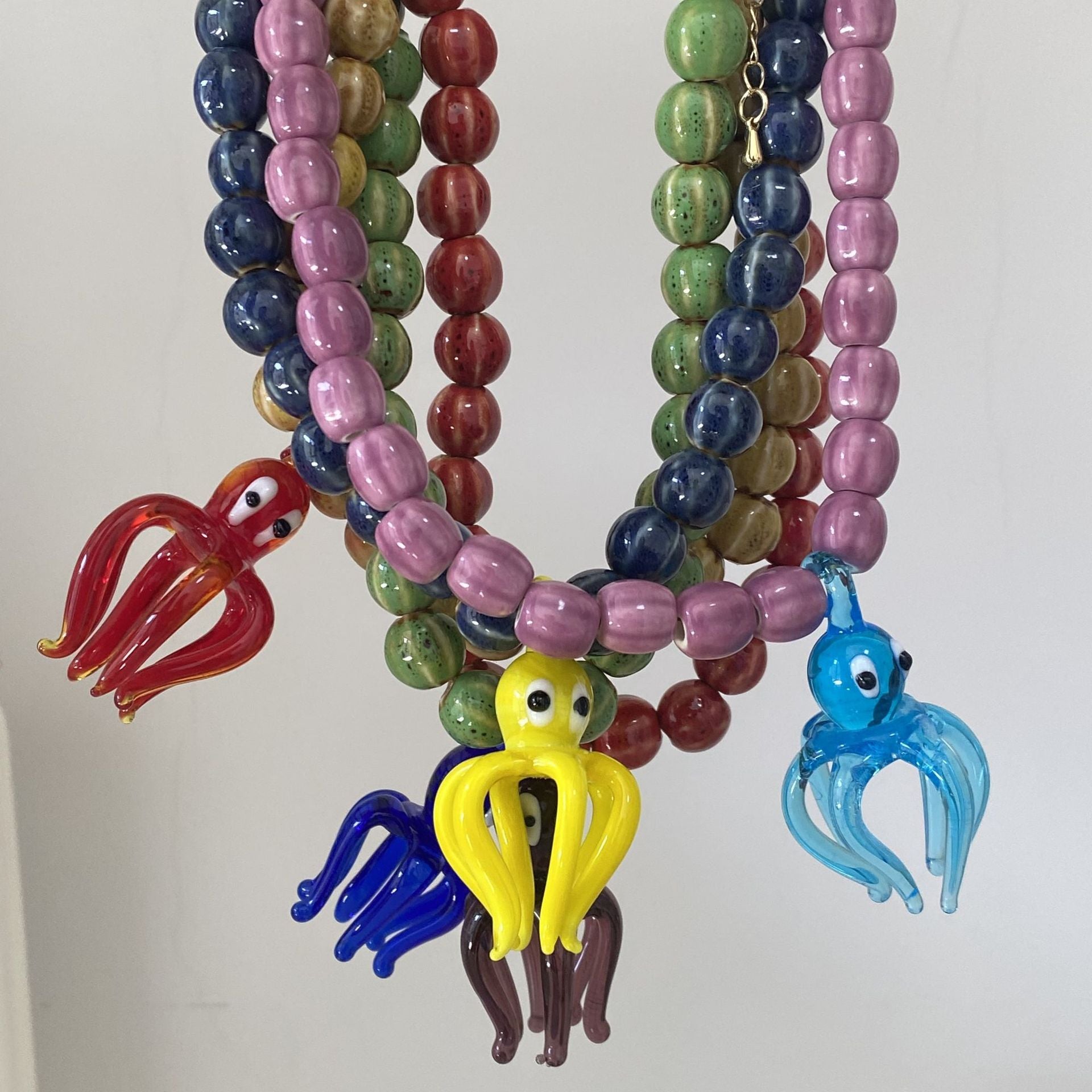 Glass Octopus Pendant Necklace European and American Niche Design Stylish Island Resort Style Fashion Ceramic Beaded Clavicle Chain