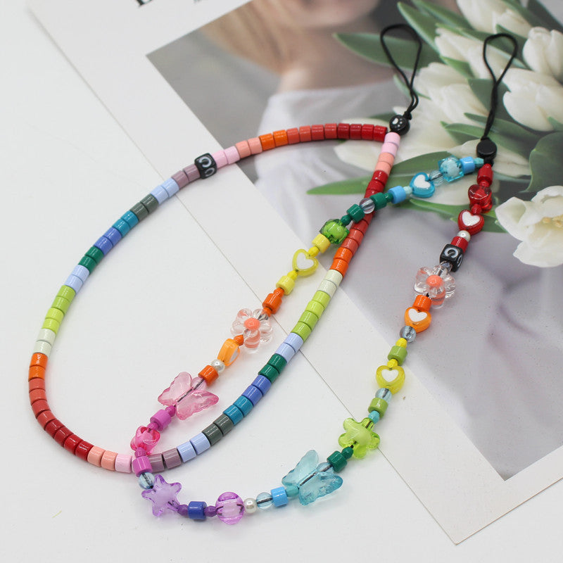 Online popular anti-lost mobile phone chain rainbow mobile phone chain same enamel beads DIY mobile phone lanyard factory direct sales