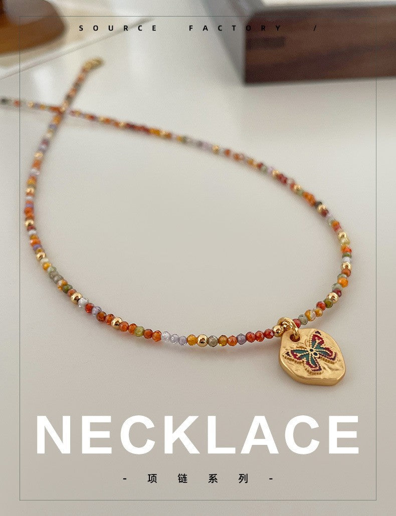 Fashionable and Simple Colorful Dopamine Oil Drop Butterfly Zircon Beaded Necklace Light Luxury High-End Summer Clavicle Chain for Women