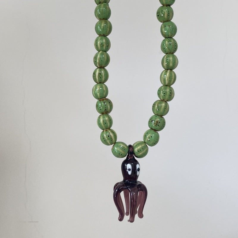 Glass Octopus Pendant Necklace European and American Niche Design Stylish Island Resort Style Fashion Ceramic Beaded Clavicle Chain