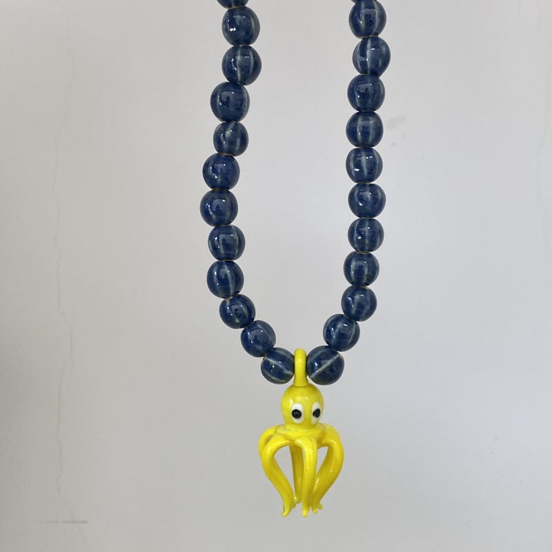 Glass Octopus Pendant Necklace European and American Niche Design Stylish Island Resort Style Fashion Ceramic Beaded Clavicle Chain
