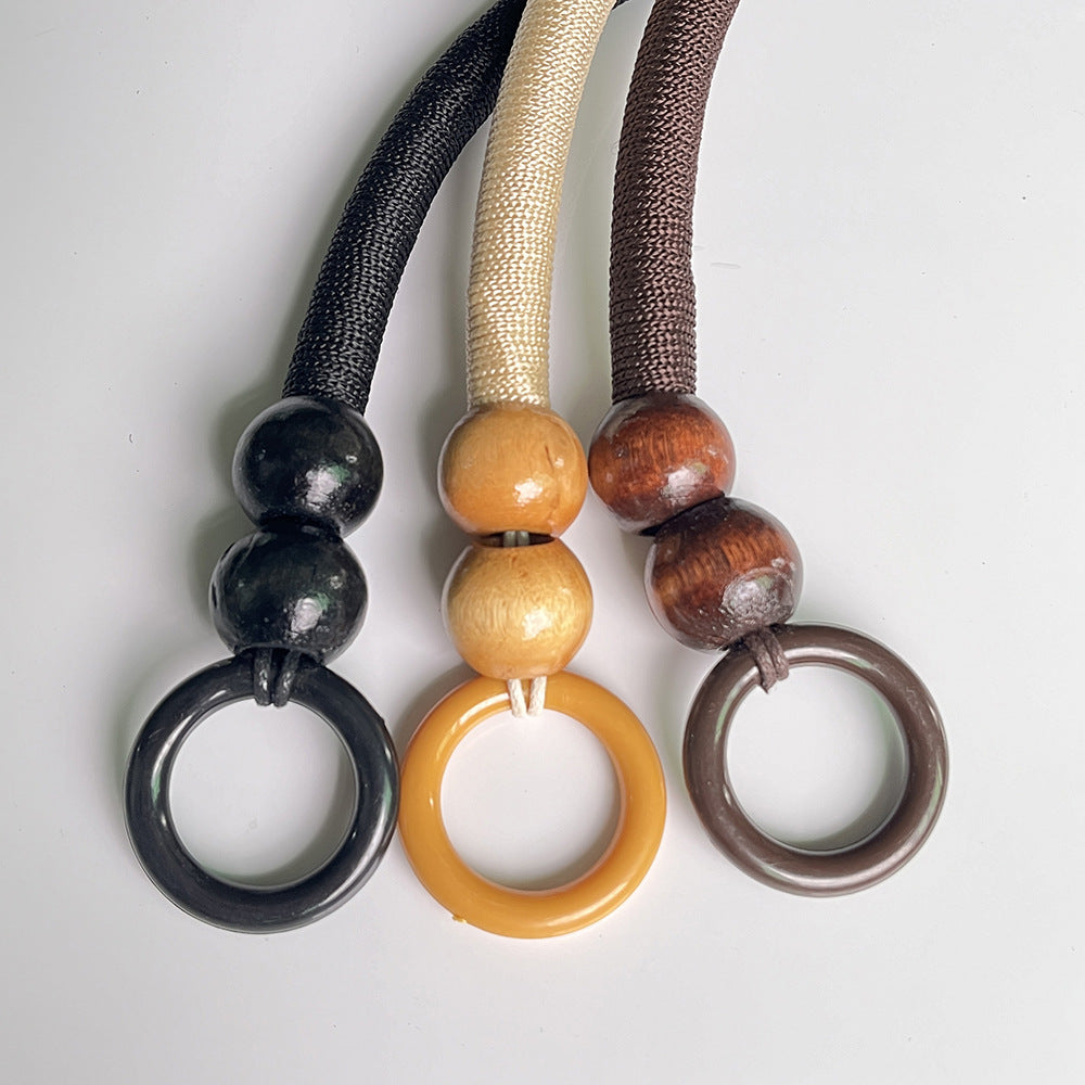 33/37/47 Wooden Bead Handle Rattan Woven Basket Carrying Ring Vintage Beaded Accessories Nylon Rope Handle