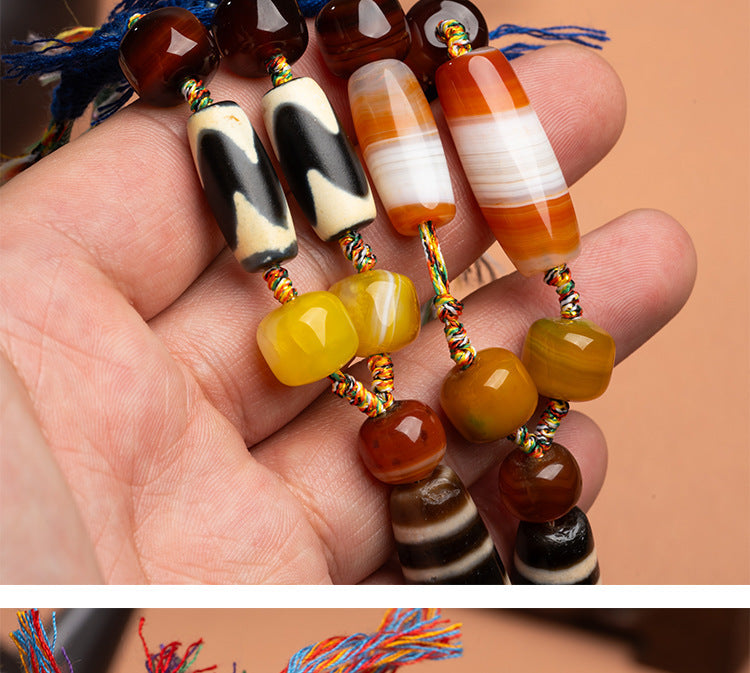 Natural Yellow Nine-Eyed Dzi Bead Necklace, Taiwanese Agate Pendant, Men's and Women's Couple's Braided Necklace, Ready for Sale