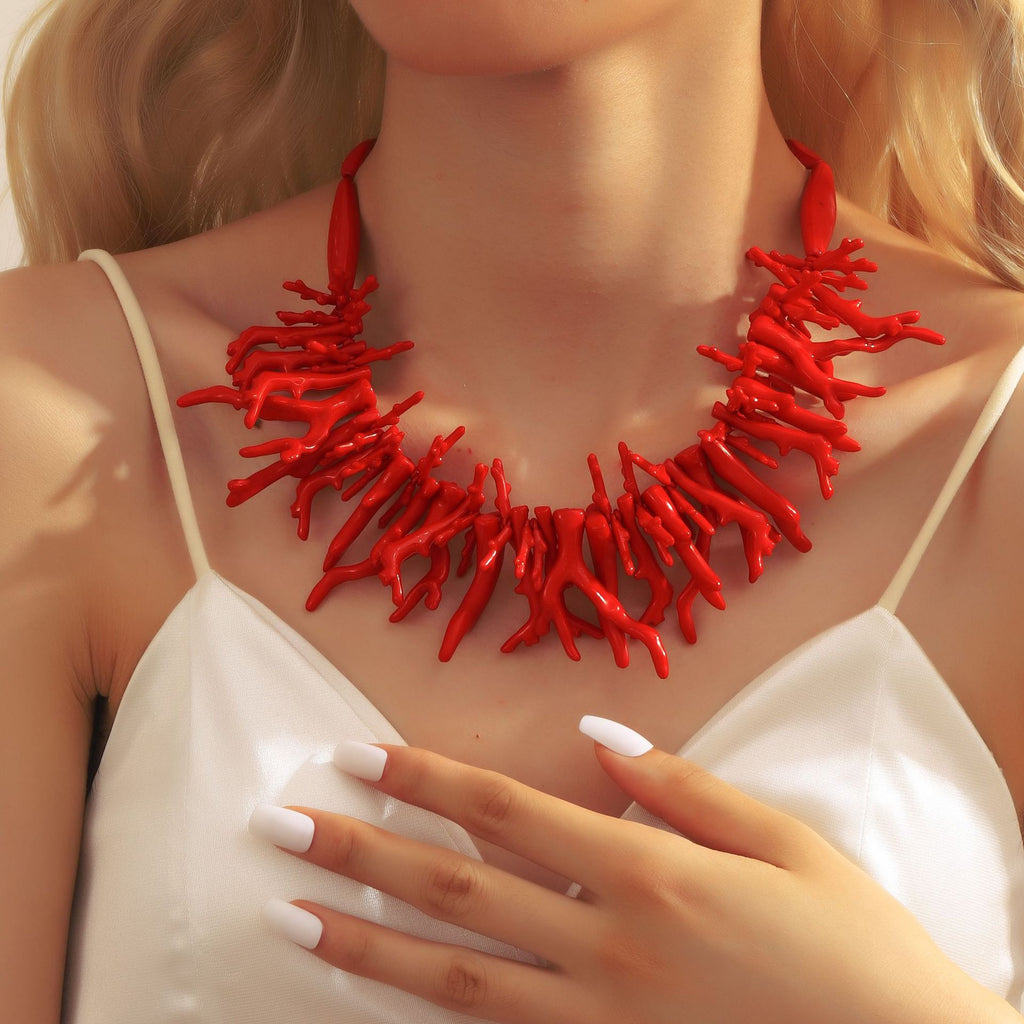 European and American New Style Stacked Cross-Border Imitation Coral Necklace Necklace Light Luxury Small Multi-Layer Beaded Clavicle Chain Resin Necklace