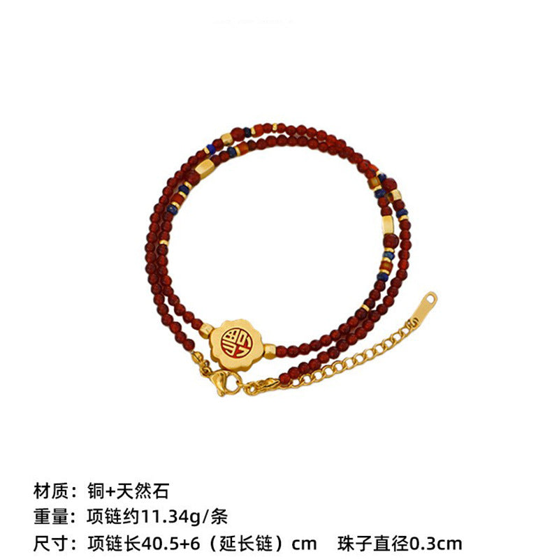 New Chinese Color Oil Dropping Enamel Natural Stone Beaded Necklace Entry Luxury High Fashion Exquisite All-match Clavicle Chain for Women