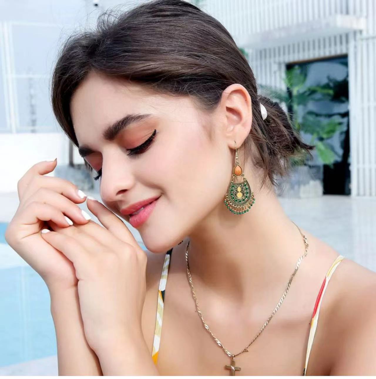 Bohemian Turquoise Earrings European and American Retro Owl Geometric Dreamcatcher Feather Tassel Earrings Women