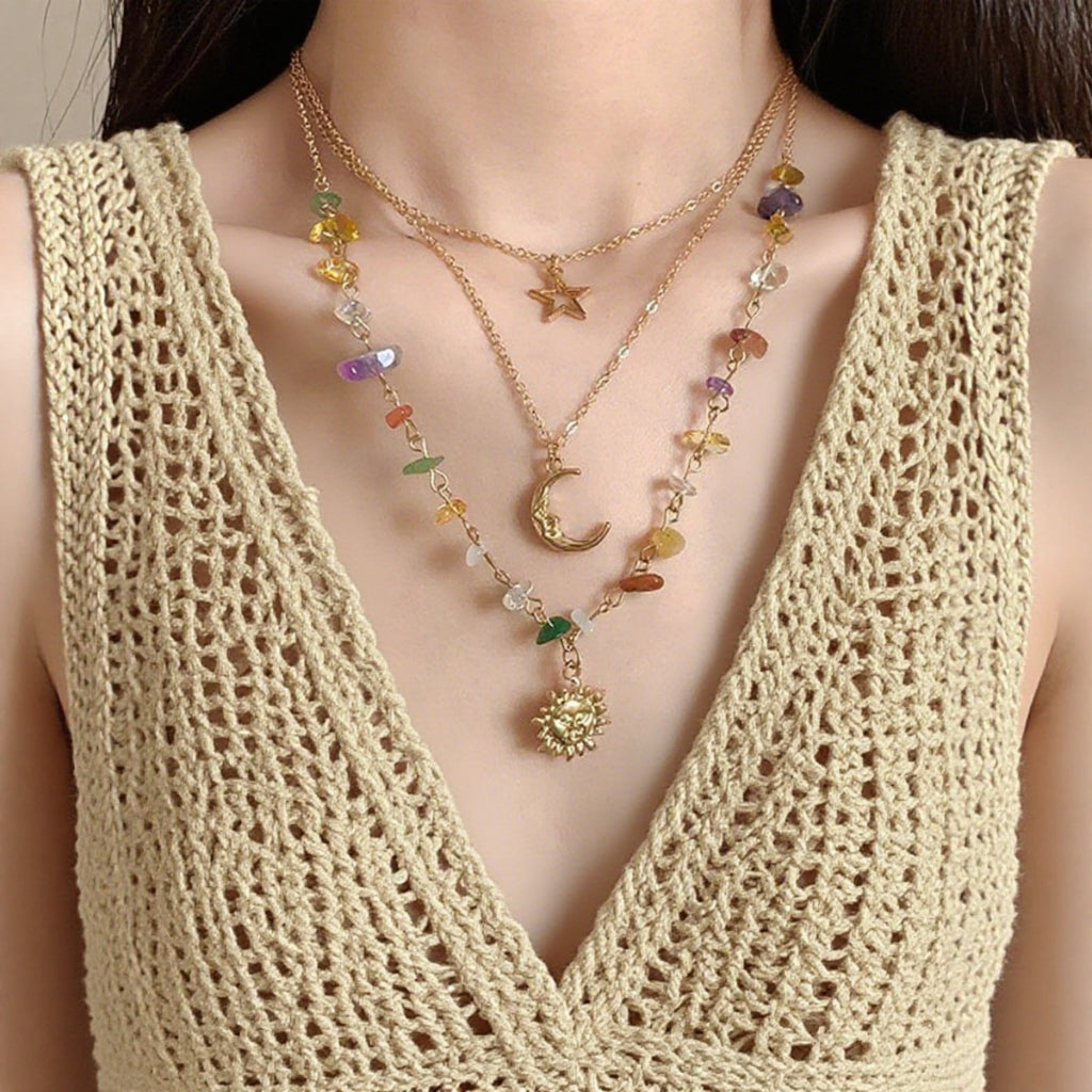 European and American Cross-Border Colorful Asymmetrical Gravel Beaded Necklace for Women, Sweet and Cool Moon and Sun Stacked Neck Necklace Jewelry