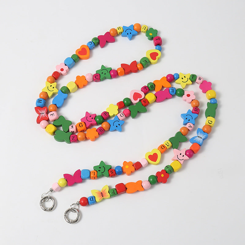 Wooden Bead Crossbody Chain DIY Phone Case Chain Crossbody Beaded Heart Plum Blossom Butterfly Smiley Face DIY Creative