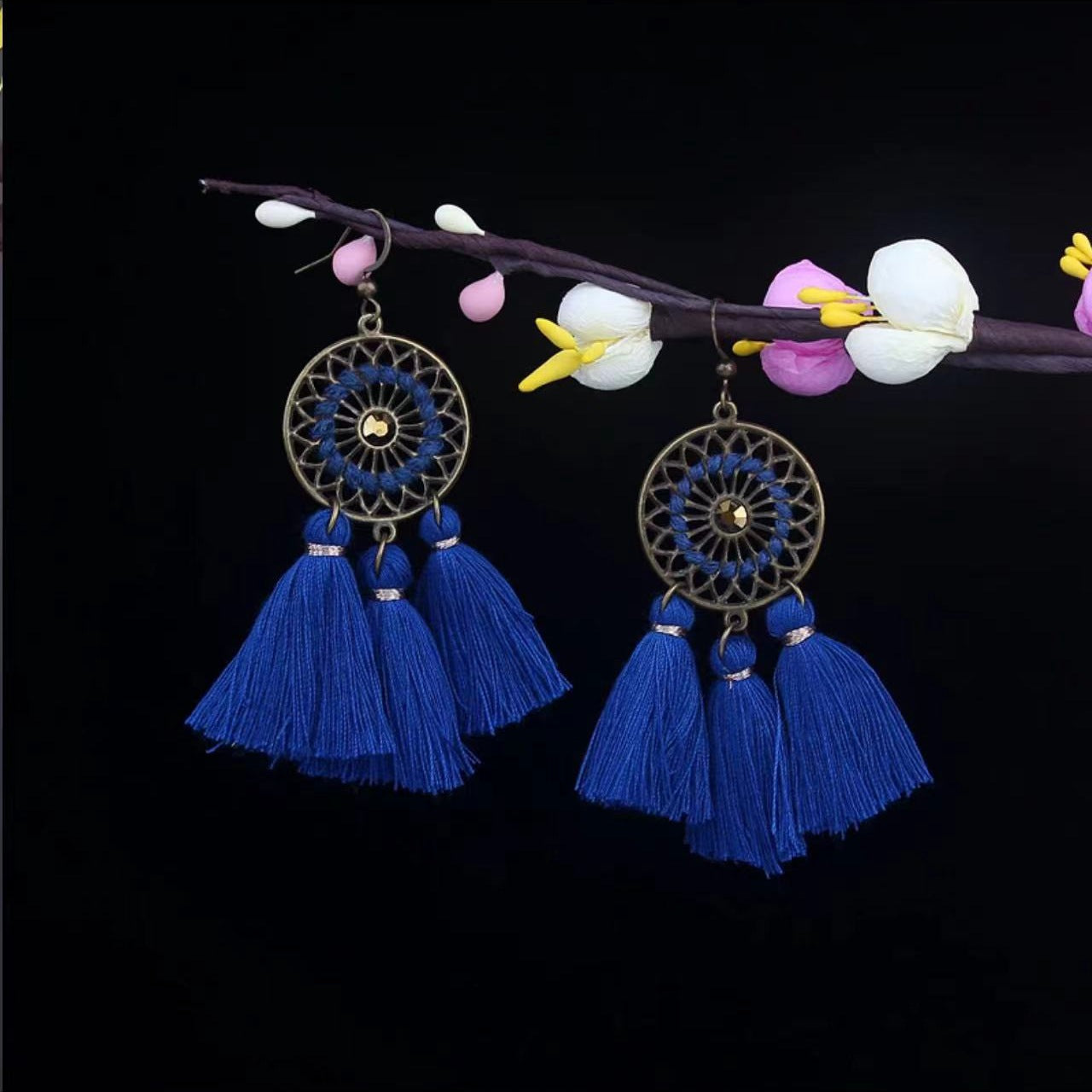 Bohemian Turquoise Earrings European and American Retro Owl Geometric Dreamcatcher Feather Tassel Earrings Women