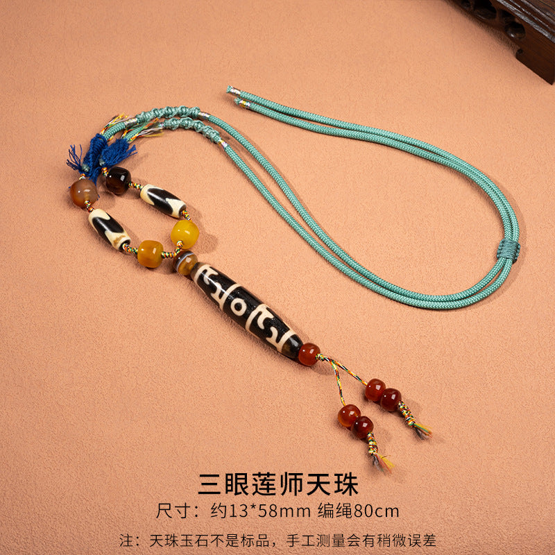 Natural Yellow Nine-Eyed Dzi Bead Necklace, Taiwanese Agate Pendant, Men's and Women's Couple's Braided Necklace, Ready for Sale
