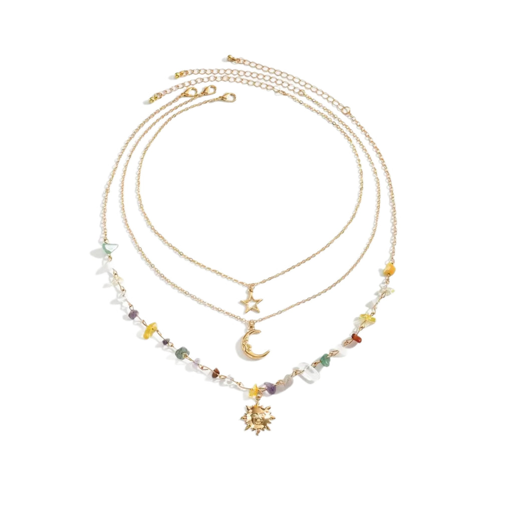 European and American Cross-Border Colorful Asymmetrical Gravel Beaded Necklace for Women, Sweet and Cool Moon and Sun Stacked Neck Necklace Jewelry