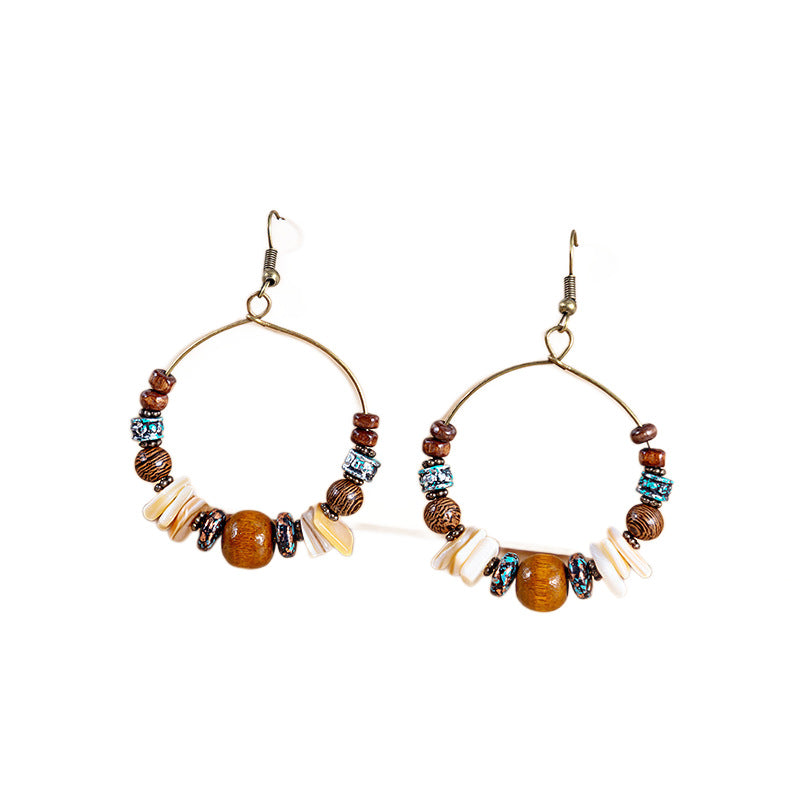 Cross-Border Ethnic Style Retro Irregular Wooden Beads Handmade Beaded Hoop Earrings Holiday Style Earrings with Versatile Temperament