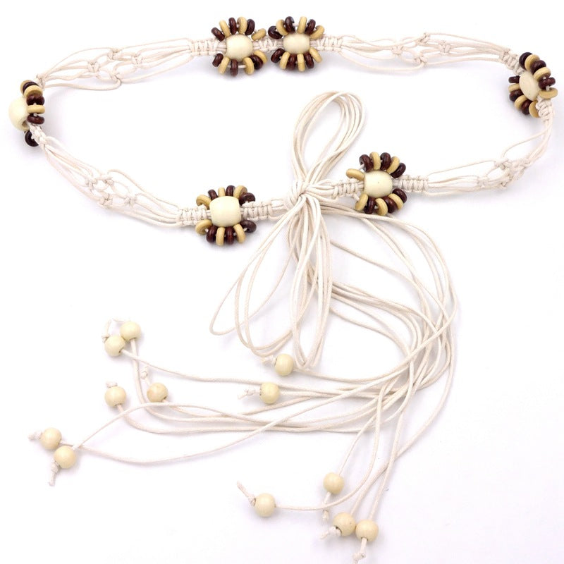 Abacus Wooden Beads Flat Knot Fashion Ethnic Style Women Beaded Belt with Long Dress Bohemian Women Decoration