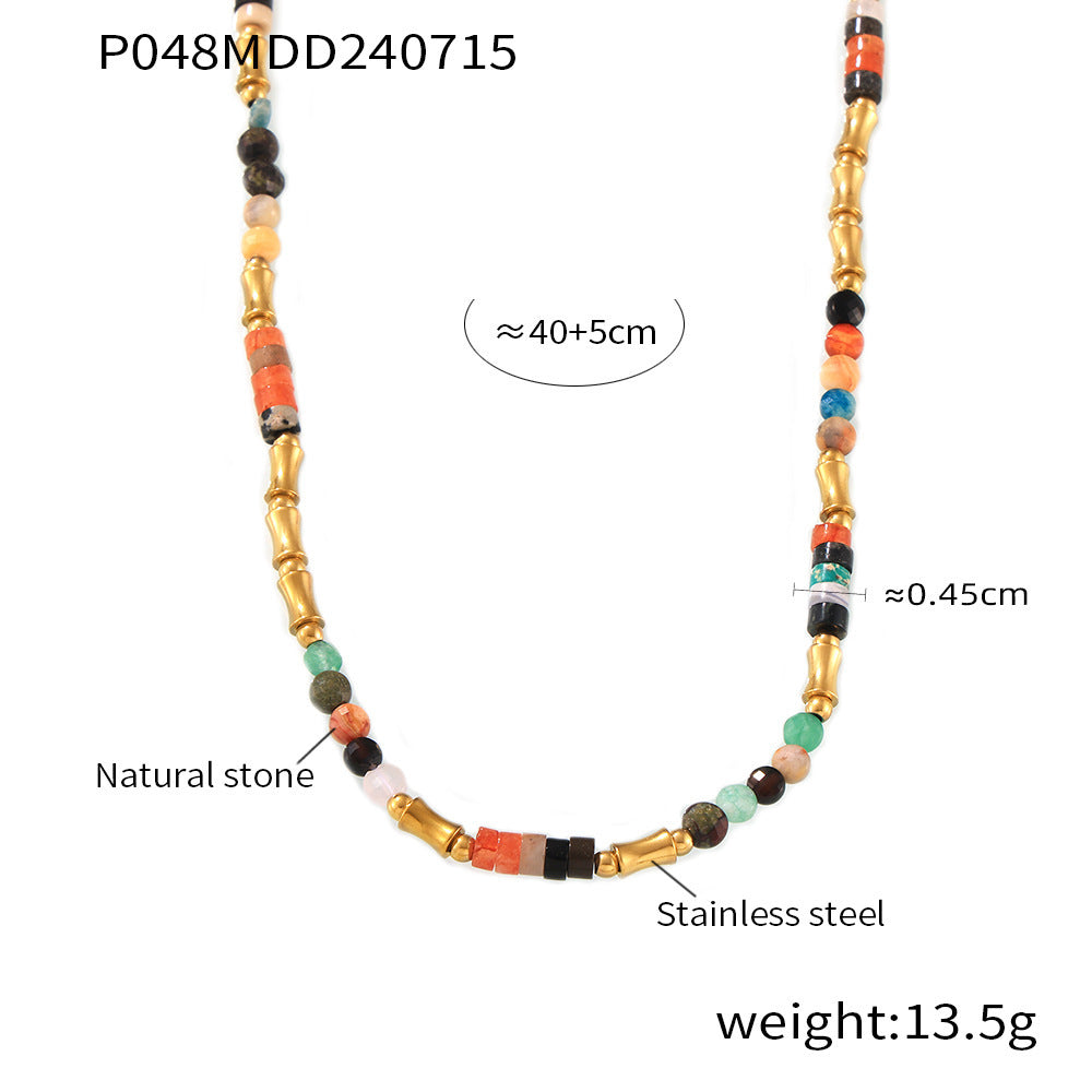 Bohemian Dopamine Color Natural Stone Beaded Necklace Cross-border Simple All-match Stainless Steel Collarbone Necklace