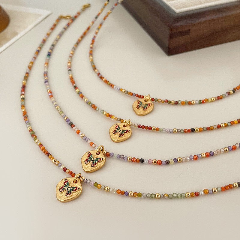 Fashionable and Simple Colorful Dopamine Oil Drop Butterfly Zircon Beaded Necklace Light Luxury High-End Summer Clavicle Chain for Women