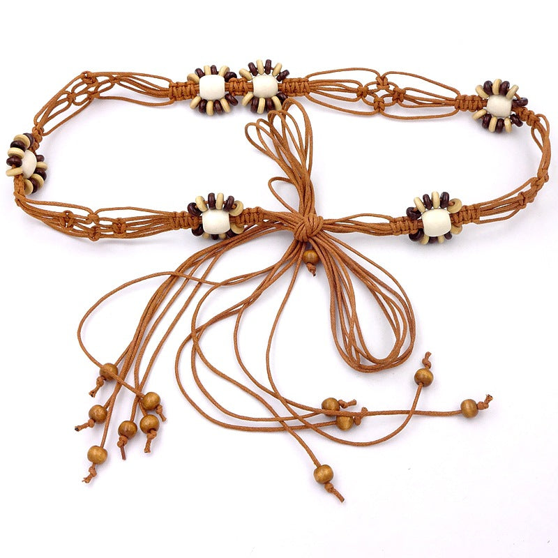 Abacus Wooden Beads Flat Knot Fashion Ethnic Style Women Beaded Belt with Long Dress Bohemian Women Decoration