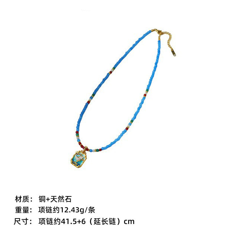 New Chinese Color Oil Dropping Enamel Natural Stone Beaded Necklace Entry Luxury High Fashion Exquisite All-match Clavicle Chain for Women