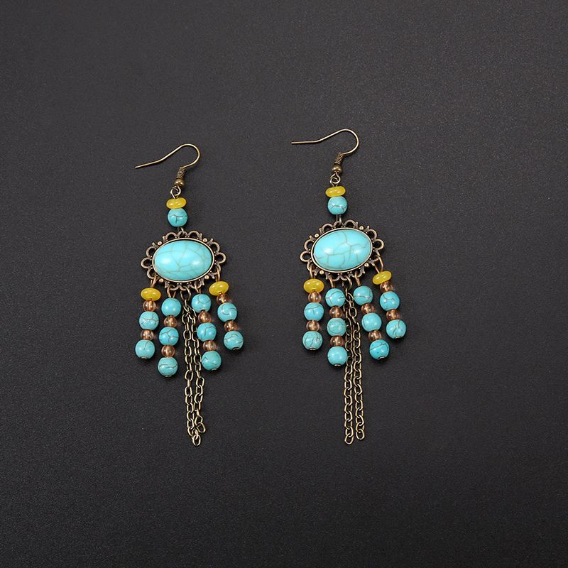 Bohemian Turquoise Earrings European and American Retro Owl Geometric Dreamcatcher Feather Tassel Earrings Women