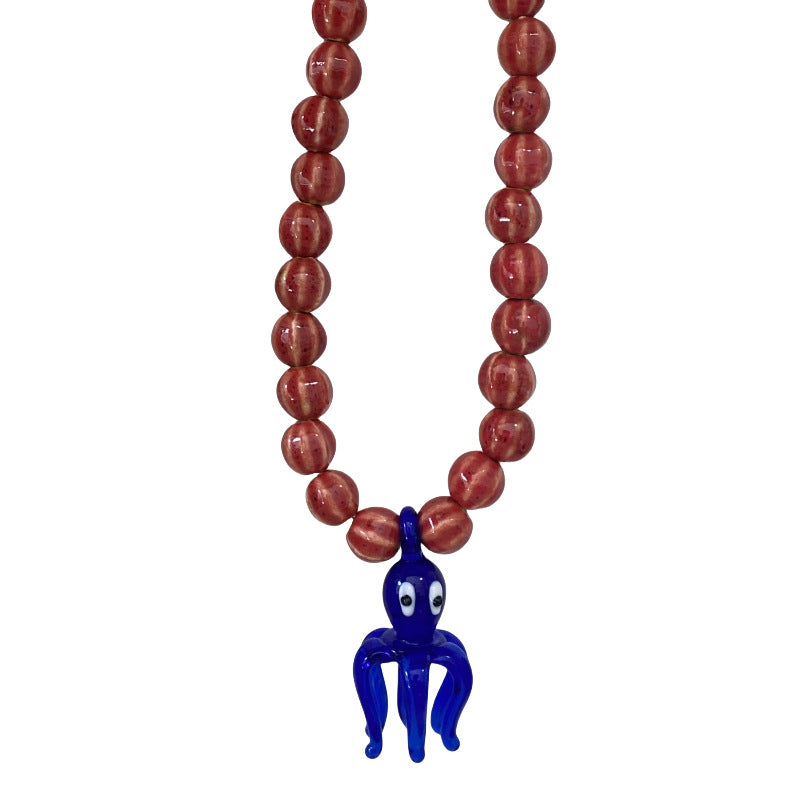 Glass Octopus Pendant Necklace European and American Niche Design Stylish Island Resort Style Fashion Ceramic Beaded Clavicle Chain