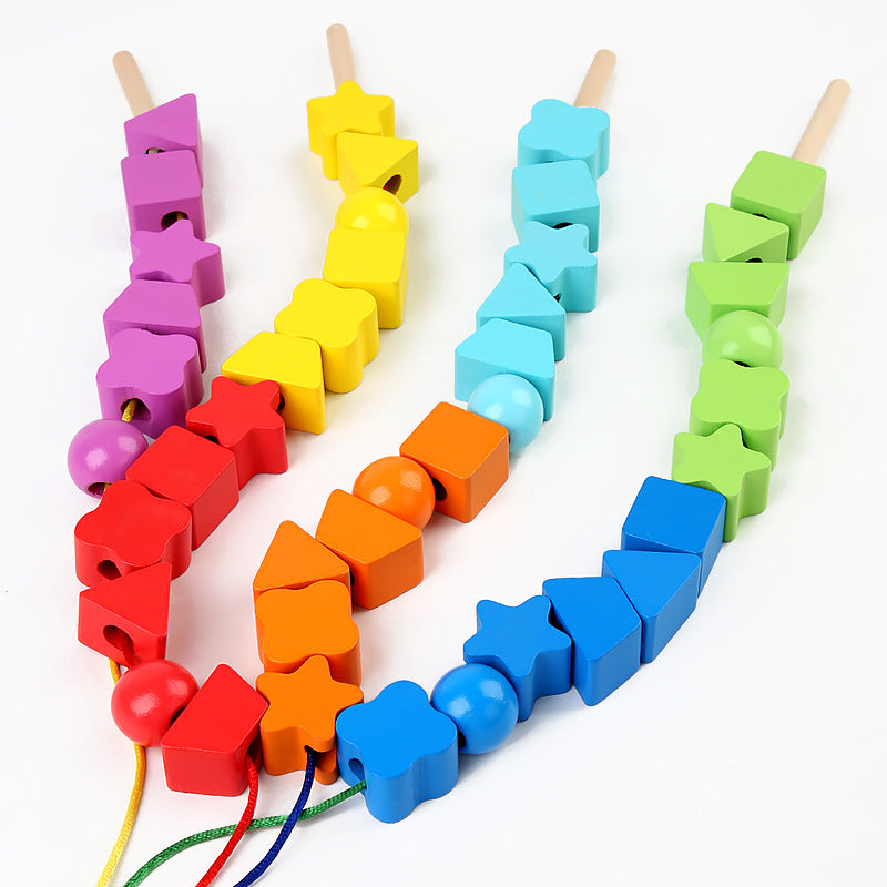 Children's wooden geometric shape colorful beaded kindergarten baby DIY early education puzzle letters and numbers string beaded