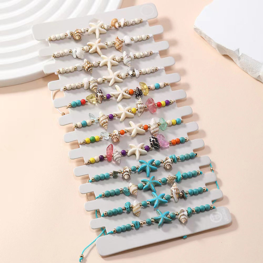 Amazon Hot Sale Irregular Gravel Starfish Conch Woven Bracelet Summer Beach Ocean Wind Adjustable Bracelet