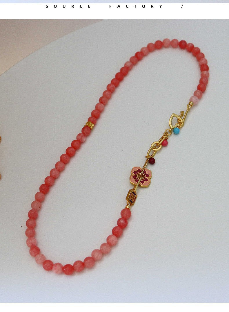New Chinese Color Oil Dropping Enamel Natural Stone Beaded Necklace Entry Luxury High Fashion Exquisite All-match Clavicle Chain for Women