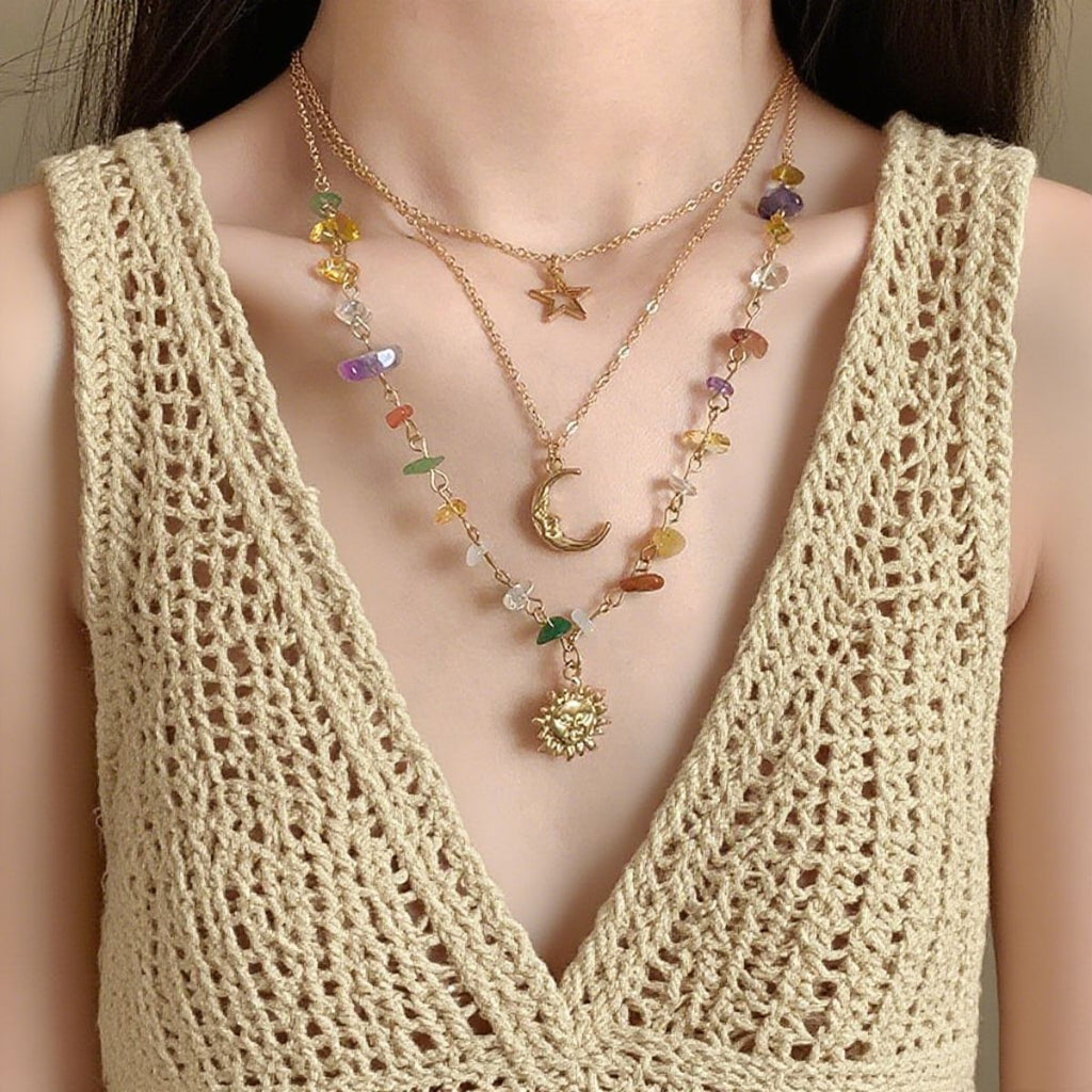 European and American Cross-Border Colorful Asymmetrical Gravel Beaded Necklace for Women, Sweet and Cool Moon and Sun Stacked Neck Necklace Jewelry