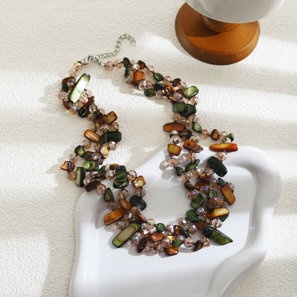 Forest Green Shell Multi-Layered Beaded Necklace for Women Bohemian Small Fresh White Beaded Clavicle Chain