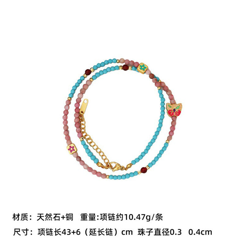 New Chinese Color Oil Dropping Enamel Natural Stone Beaded Necklace Entry Luxury High Fashion Exquisite All-match Clavicle Chain for Women
