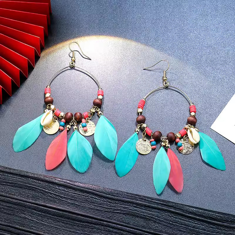 Bohemian Turquoise Earrings European and American Retro Owl Geometric Dreamcatcher Feather Tassel Earrings Women