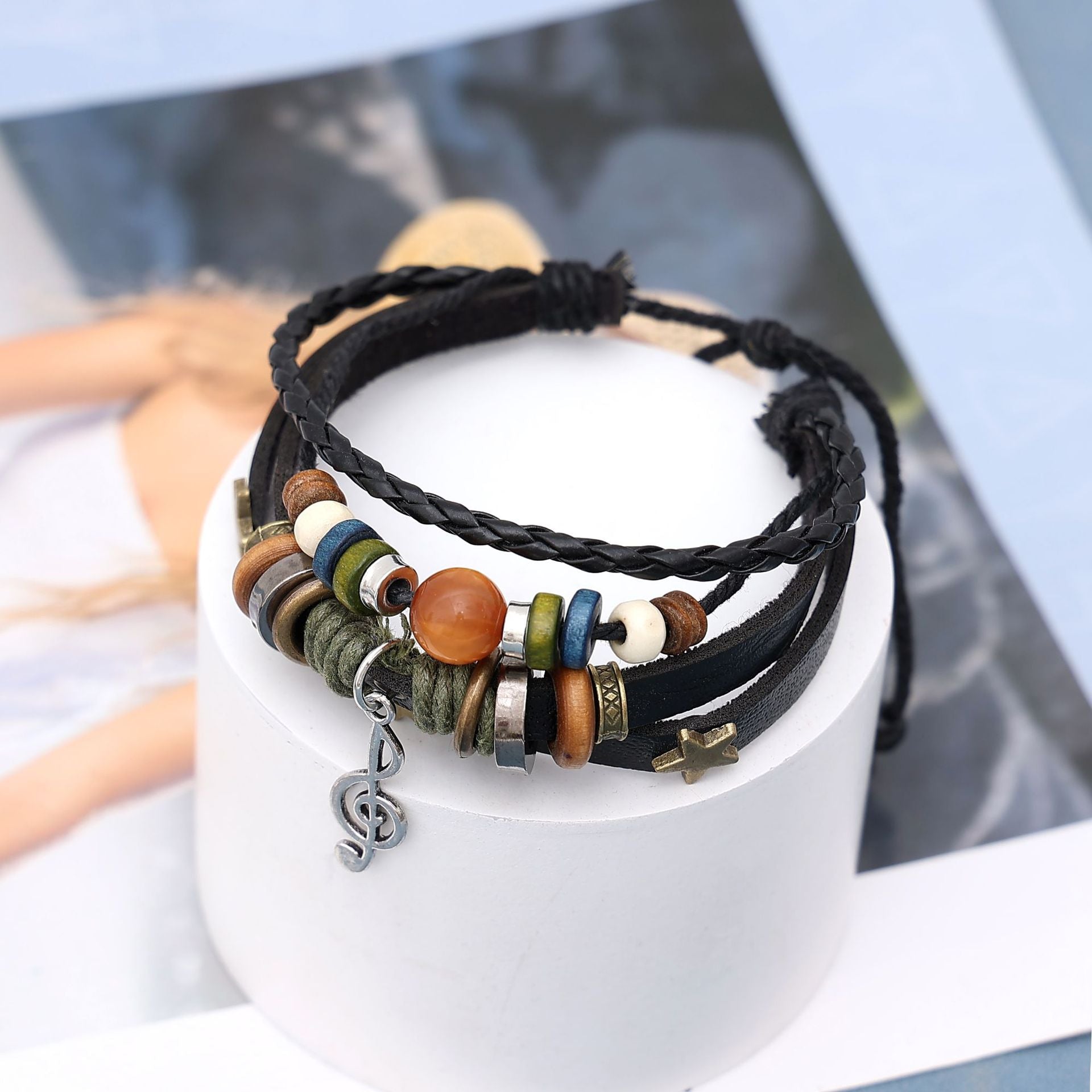 New Chinese Style Braided Leather Star Beaded Note Bracelet Retro Ethnic Style Exotic Stylish Niche Hand Jewelry