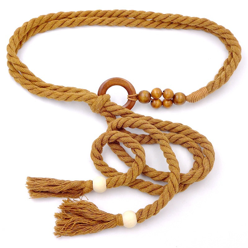 Ethnic Style Retro Belt Accessories High-End Yellow Women's Decoration with Skirt Knotted Braided Hemp Rope Waist Rope Tie