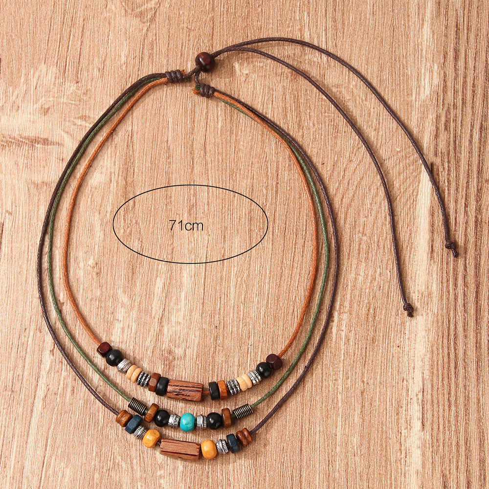 Vintage Bohemian Necklace Ethnic Style Multi-Layer Wooden Beads Long Necklace Beaded Woven Collar All-Match High-Level Sense