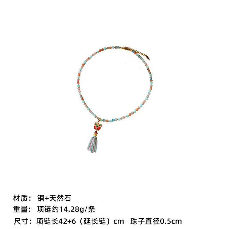 New Chinese Color Oil Dropping Enamel Natural Stone Beaded Necklace Entry Luxury High Fashion Exquisite All-match Clavicle Chain for Women